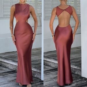 Babyboo Yves Backless Satin Rust Brown Maxi Dress NEW WITH TAGS SIZE LARGE